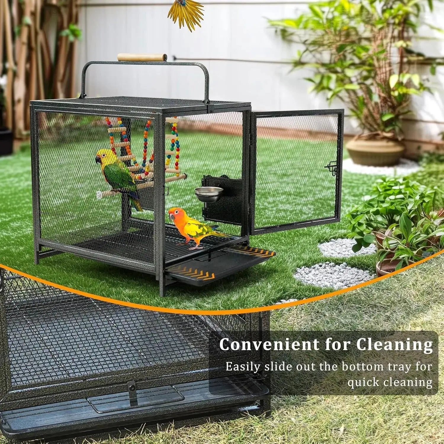 22"Portable Travel Bird Cage – Wrought Iron Carrier with Swing for Small Parrots