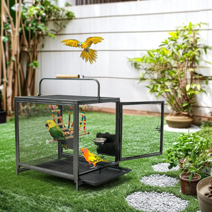 22"Portable Travel Bird Cage – Wrought Iron Carrier with Swing for Small Parrots