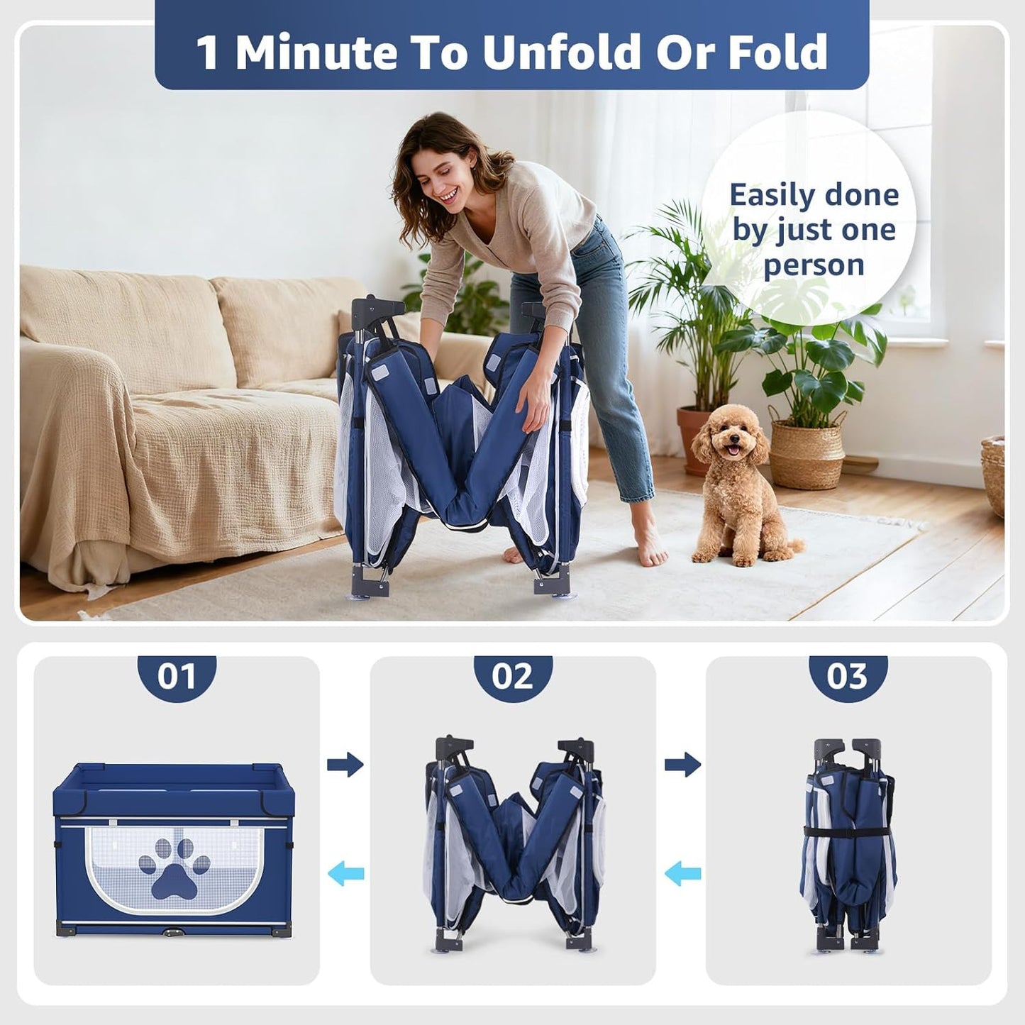 Foldable Dog & Small Animal Playpen with Cover, 1-Minute Setup Portable Pen