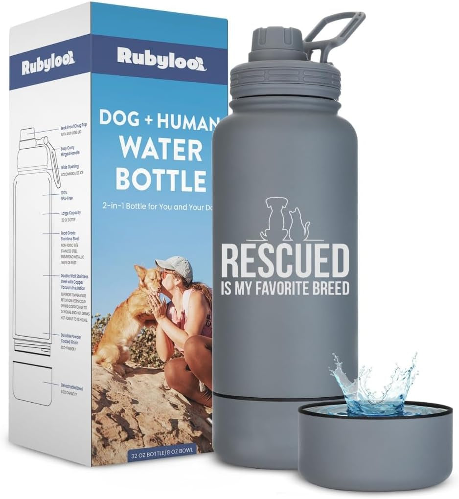 Dog Mom Water Bottle 32oz Insulated Stainless Steel with Dog Bowl Travel Rescued Favorite: Smoky Grey