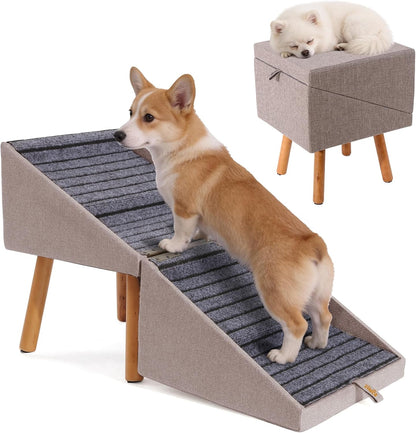 Dog Stairs for Couch 2 in 1 Foldable Pet Steps Ottoman Non Slip Light Brown Xl(17.13H)