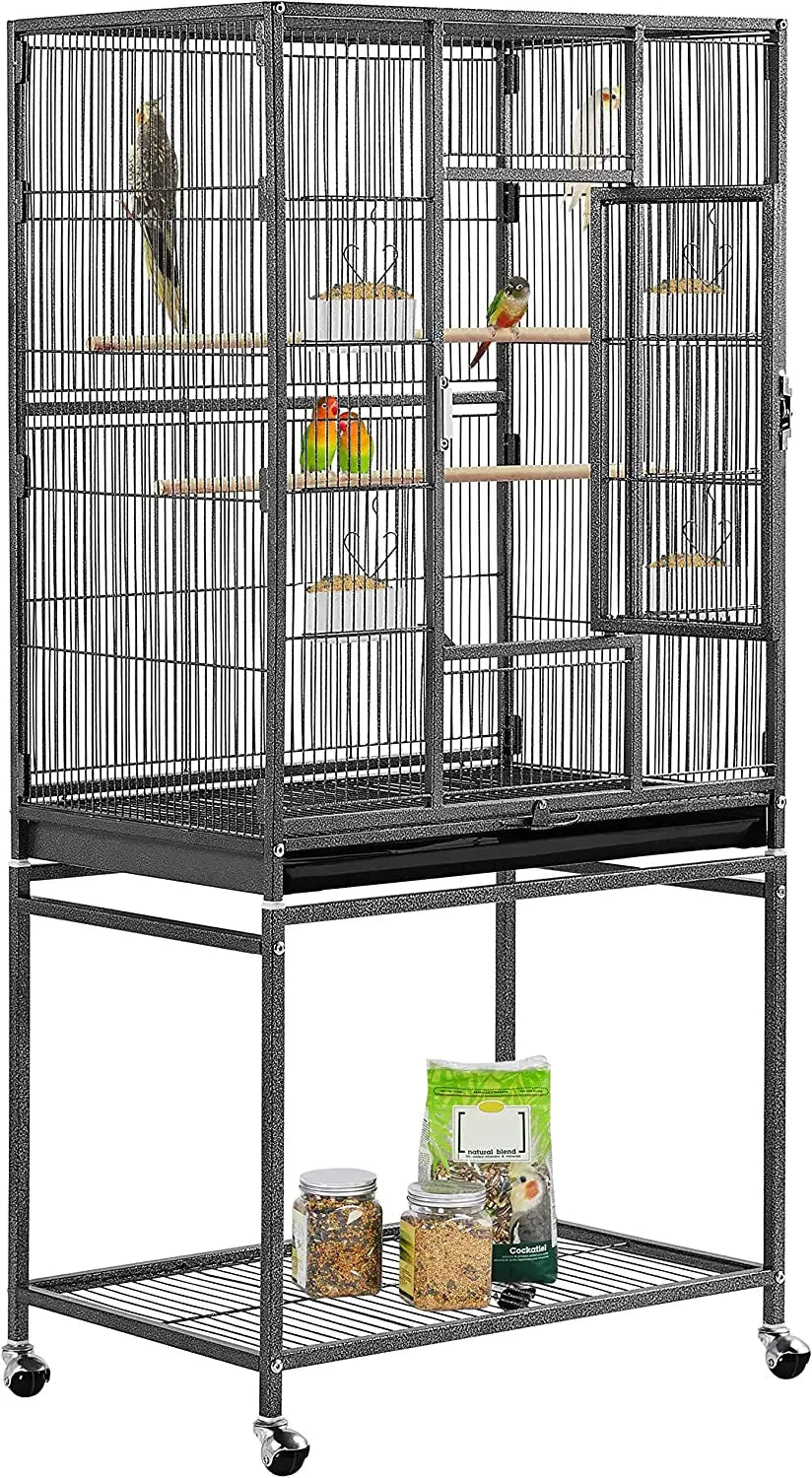 54" Wrought Iron Flight Bird Cage with Stand - Ideal for Parakeets, Conures, Lovebirds, Finches & Canaries Hammertone Black 24.5"L X 17.0"W X 53.5"H