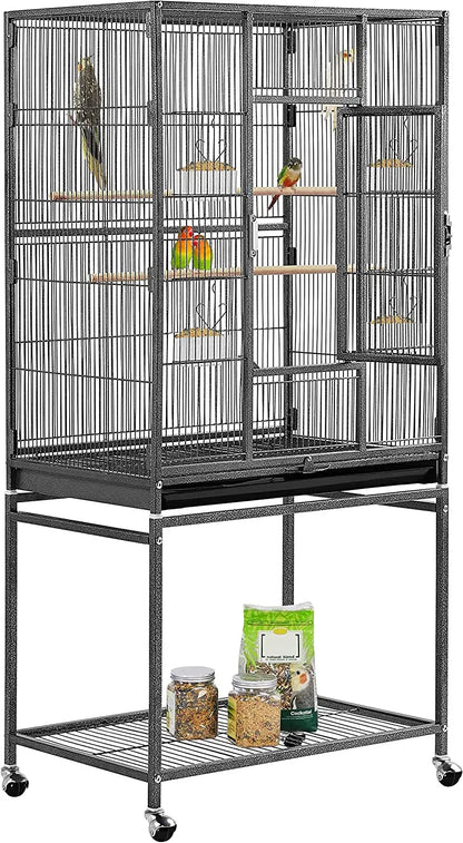 54" Wrought Iron Flight Bird Cage with Stand - Ideal for Parakeets, Conures, Lovebirds, Finches & Canaries Hammertone Black 24.5"L X 17.0"W X 53.5"H
