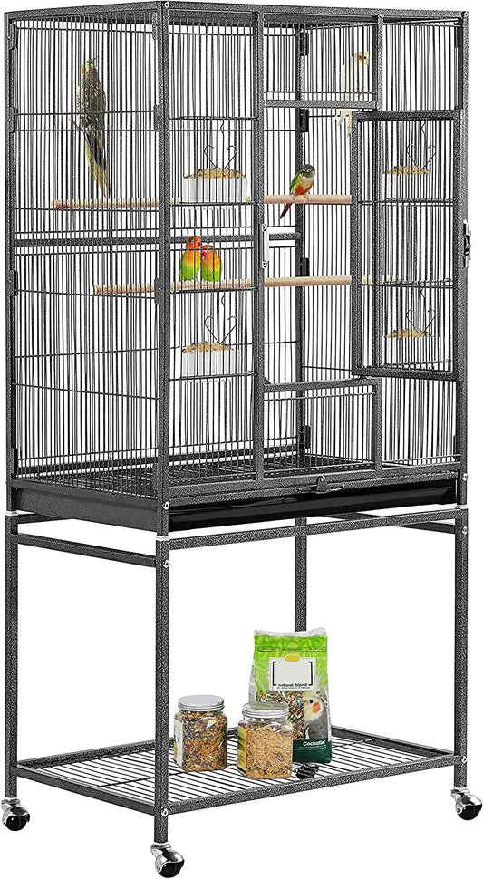 54" Wrought Iron Flight Bird Cage with Stand - Ideal for Parakeets, Conures, Lovebirds, Finches & Canaries Hammertone Black 24.5"L X 17.0"W X 53.5"H