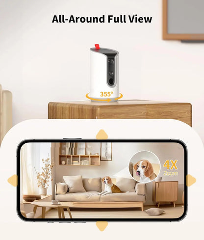 2K Pet Camera with Treat Dispenser, 360° WiFi Dog Cat Cam, 2-Way Talk, Works with Alexa & Google