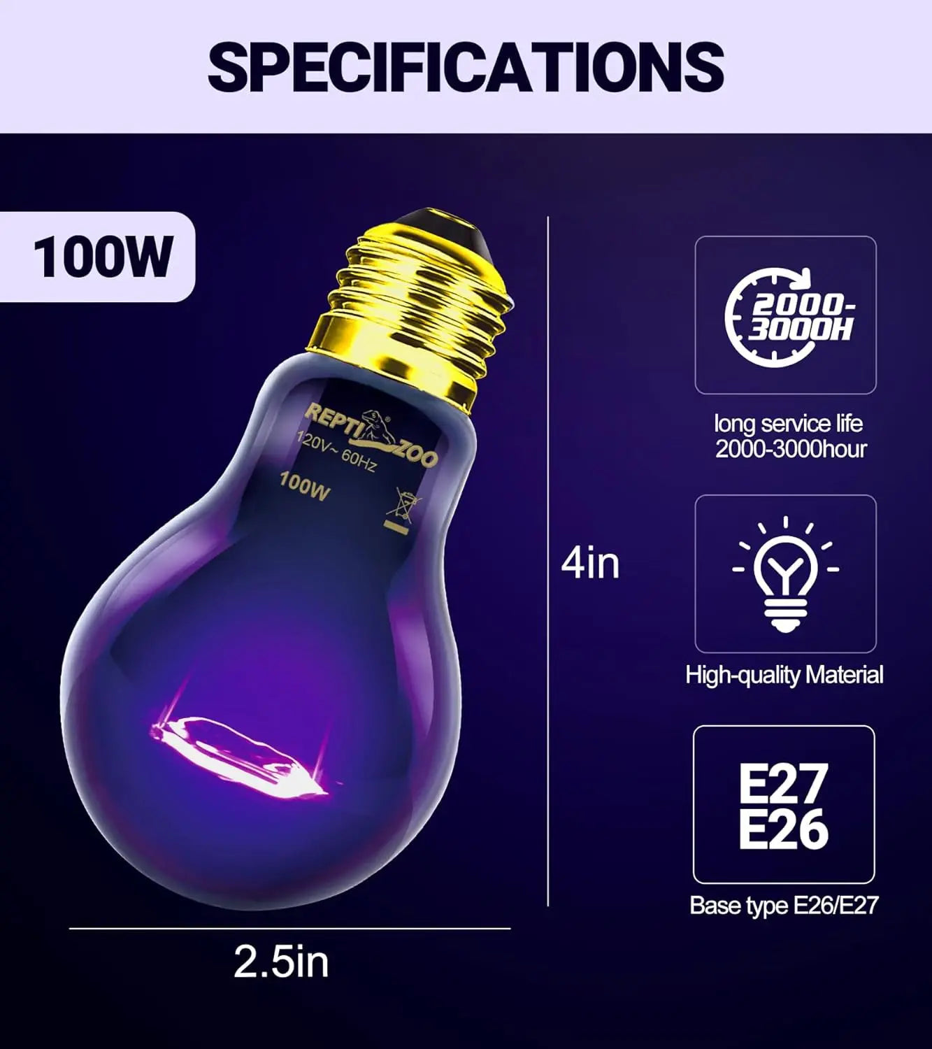 2Pack- 75W or 100W Reptile Night Heat Lamp Purple E26 E27 Bulbs
