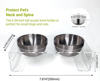 Acrylic Elevated Pet Bowls with Stand, Stainless Steel Feeder for Cats & Dogs