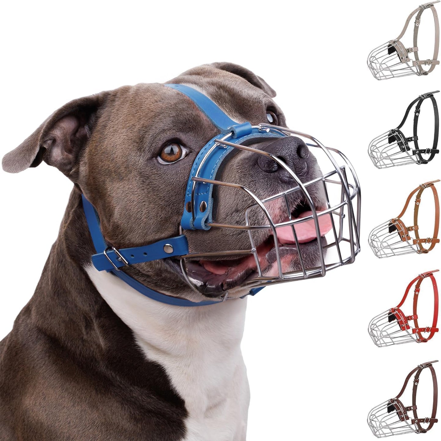 Breathable Metal Basket Dog Muzzle for Large Dogs with Leather Straps Leather, Blue