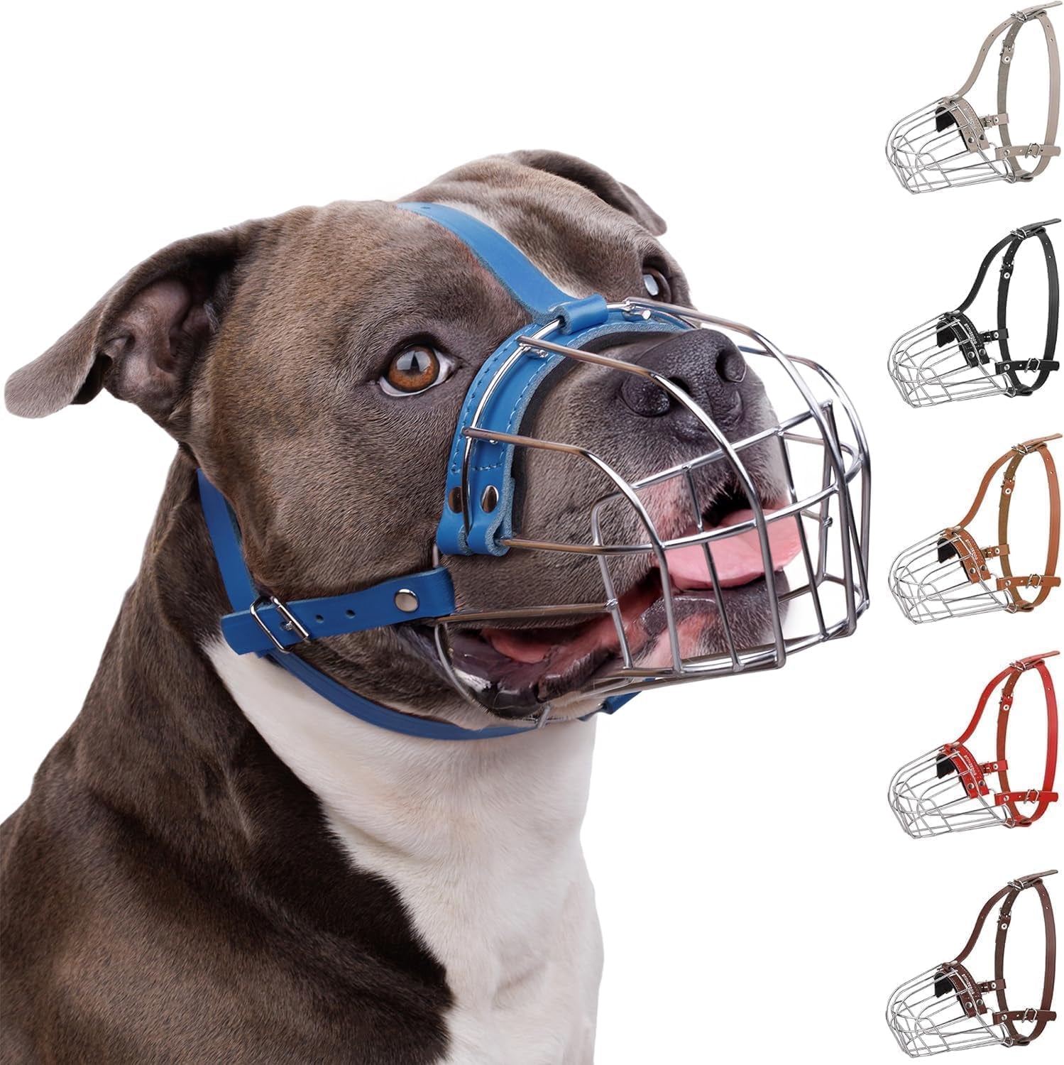 Breathable Metal Basket Dog Muzzle for Large Dogs with Leather Straps Leather, Blue