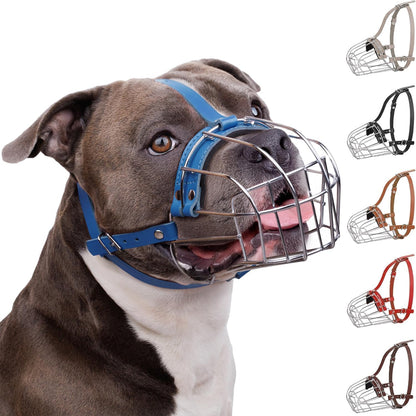 Breathable Metal Basket Dog Muzzle for Large Dogs with Leather Straps Leather, Blue