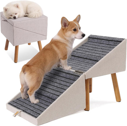 Dog Stairs for Couch 2 in 1 Foldable Pet Steps Ottoman Non Slip Light Beige Xl(17.13H)