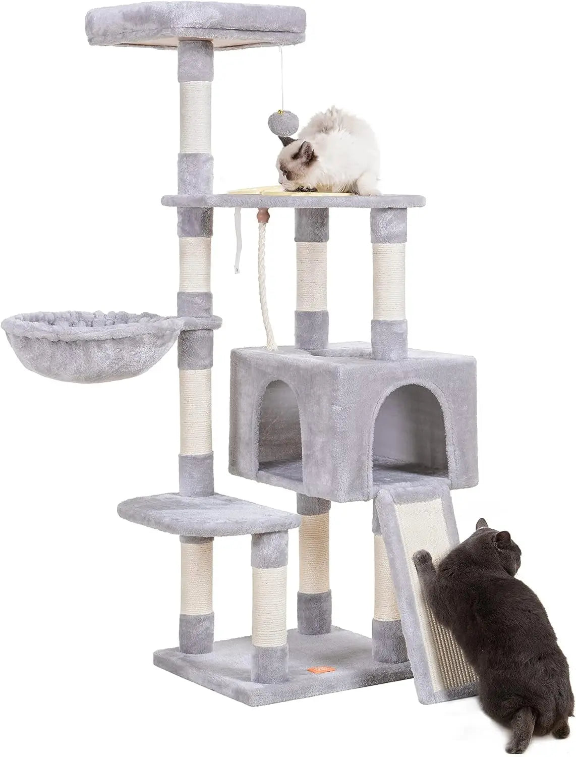 Cat Tree, Cat Tower for Indoor Cats with Scratching Board, Multi-Level Cat Furniture Condo with Feeding Bowl Smoky Gray HCT010G Light Gray 59 Inch