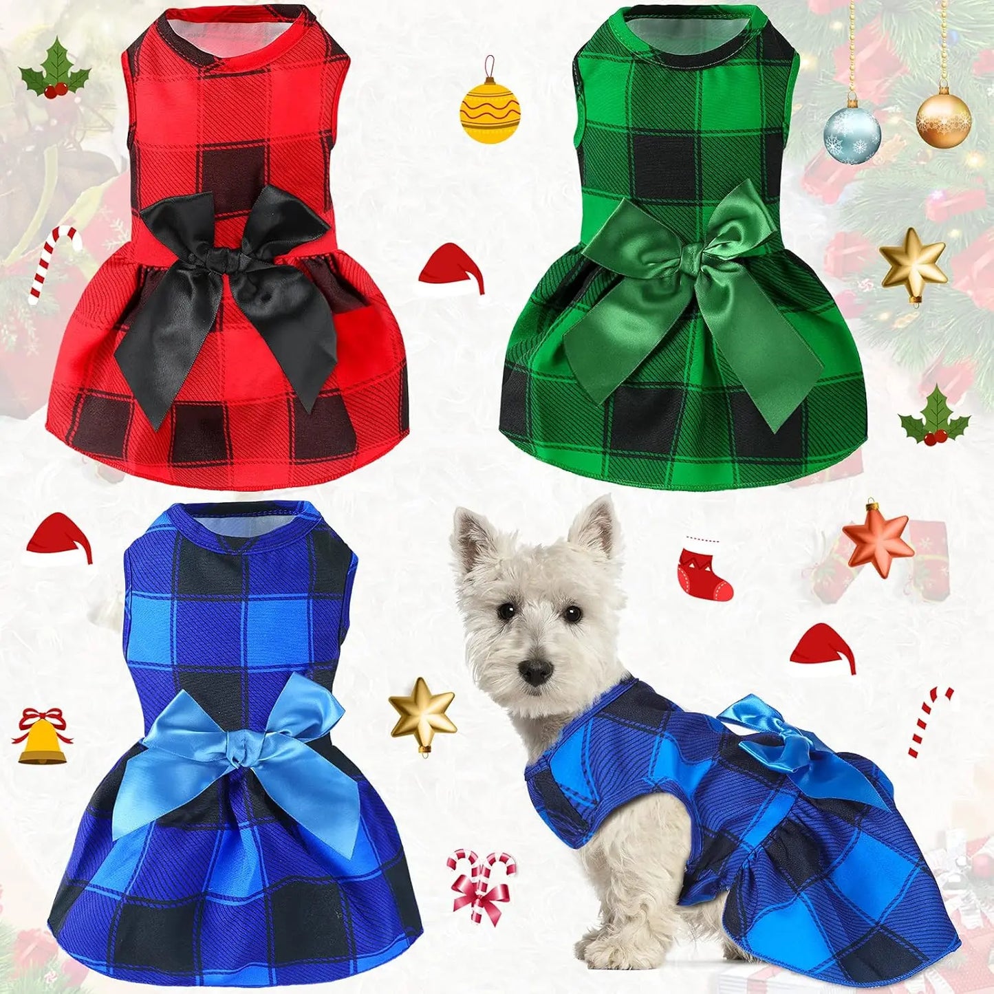 3-Pack Buffalo Plaid Christmas Dog Dresses- Holiday Bowknot Puppy Outfits L (7-9Lbs）