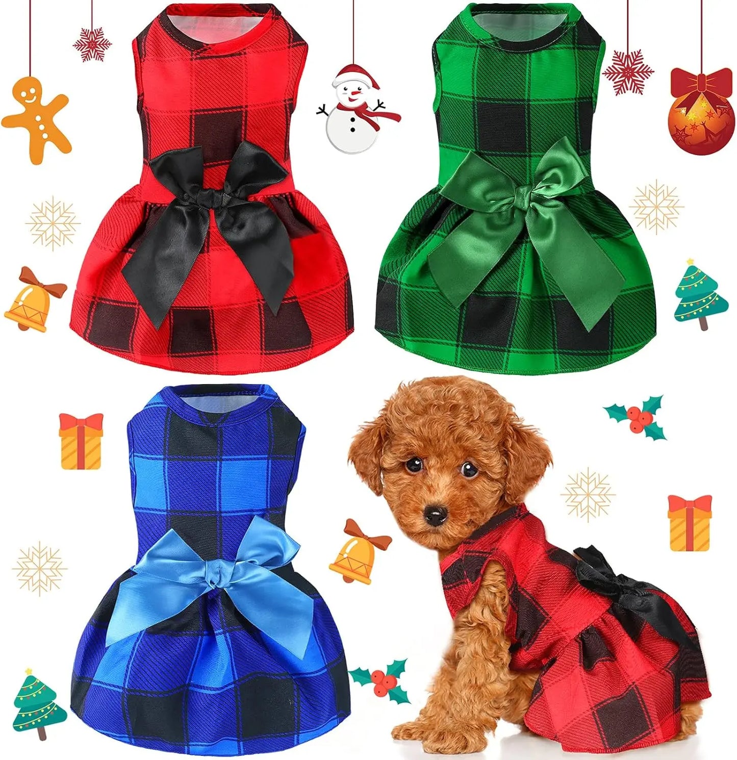 3-Pack Buffalo Plaid Christmas Dog Dresses- Holiday Bowknot Puppy Outfits S (3-5Lbs)