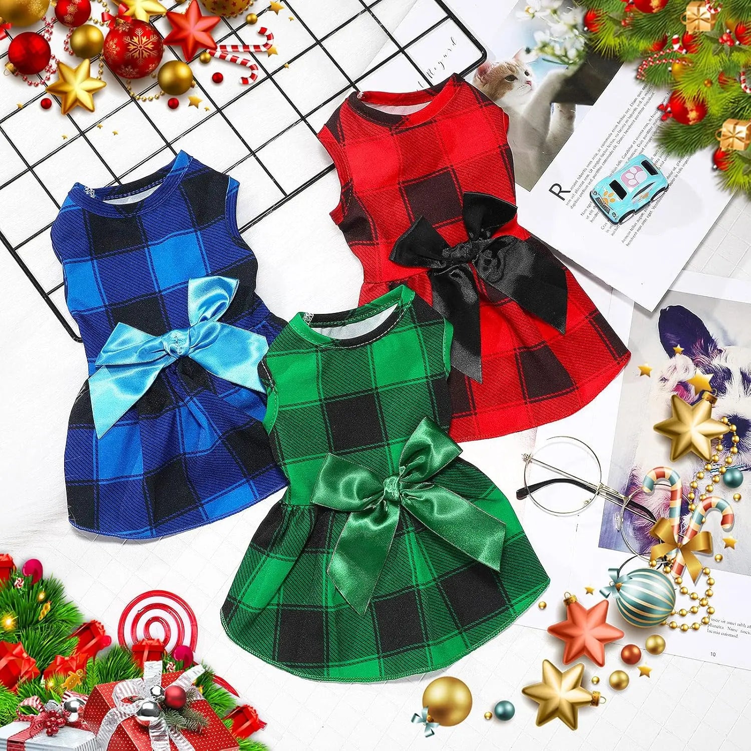 3-Pack Buffalo Plaid Christmas Dog Dresses- Holiday Bowknot Puppy Outfits