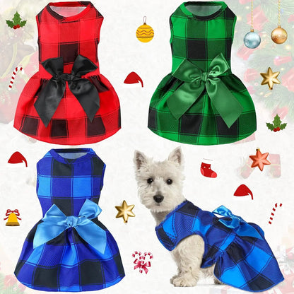 3-Pack Buffalo Plaid Christmas Dog Dresses- Holiday Bowknot Puppy Outfits L (7-9Lbs）