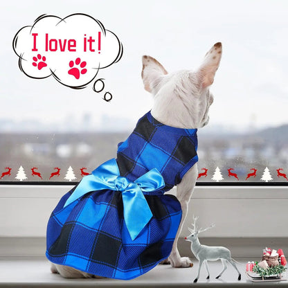 3-Pack Buffalo Plaid Christmas Dog Dresses- Holiday Bowknot Puppy Outfits