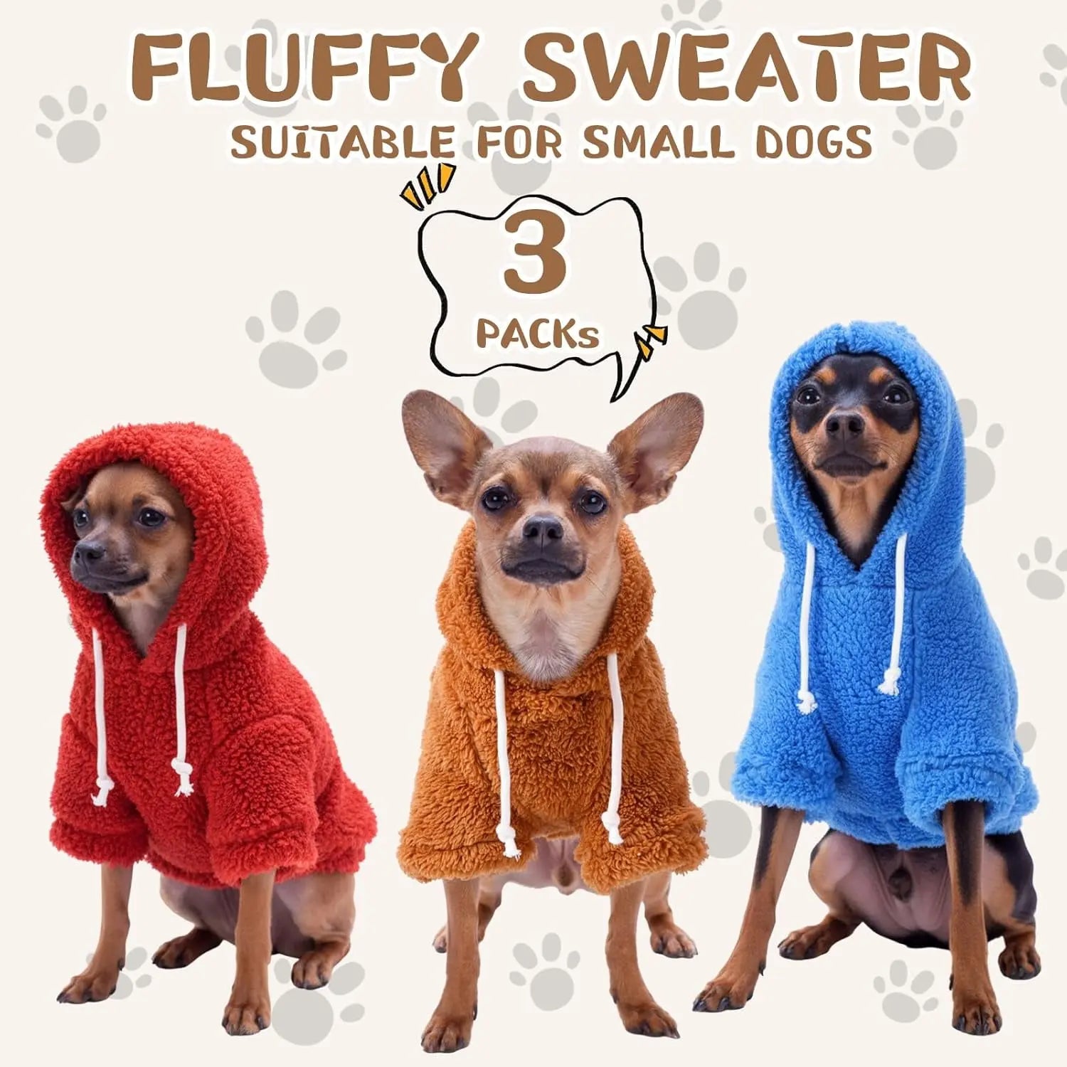 3-Pack Fuzzy Dog Hoodies – Warm Winter Sweatshirts for Small to X-Large Dogs