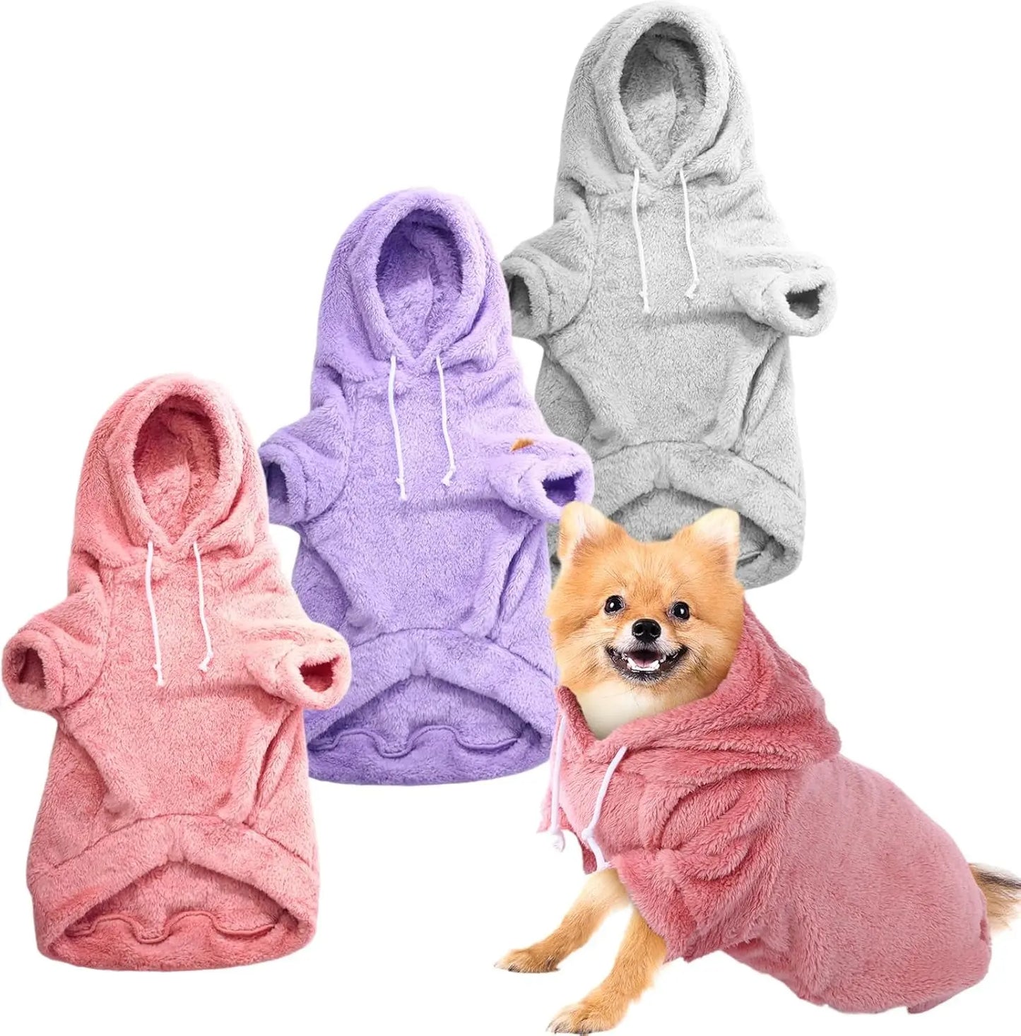 3-Pack Fuzzy Dog Hoodies – Warm Winter Sweatshirts for Small to X-Large Dogs Grey, Pink And Purple S