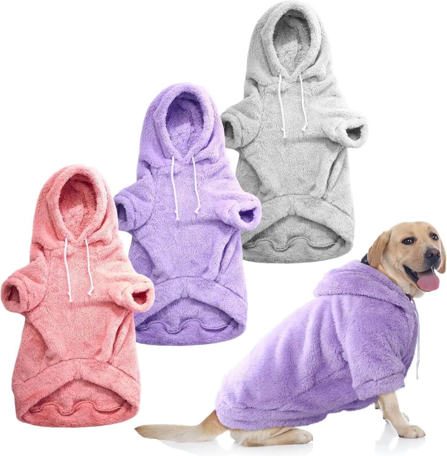 3-Pack Fuzzy Dog Hoodies – Warm Winter Sweatshirts for Small to X-Large Dogs Grey, Pink And Purple Xl