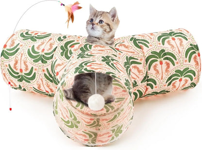 3-Way Collapsible Tunnel Cat Toy with Ball & Peek Hole for Indoor Cats & Kittens 3-Way Khaki Coconut Tree 3-Way