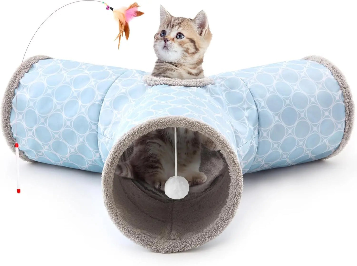 3-Way Collapsible Tunnel Cat Toy with Ball & Peek Hole for Indoor Cats & Kittens 3-Way Geometry Blue 3-Way