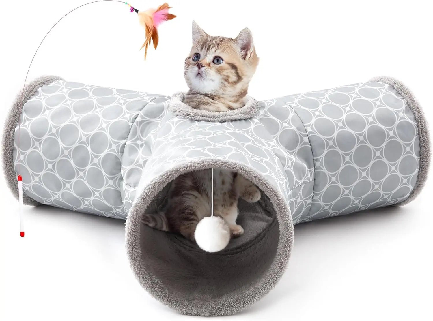 3-Way Collapsible Tunnel Cat Toy with Ball & Peek Hole for Indoor Cats & Kittens