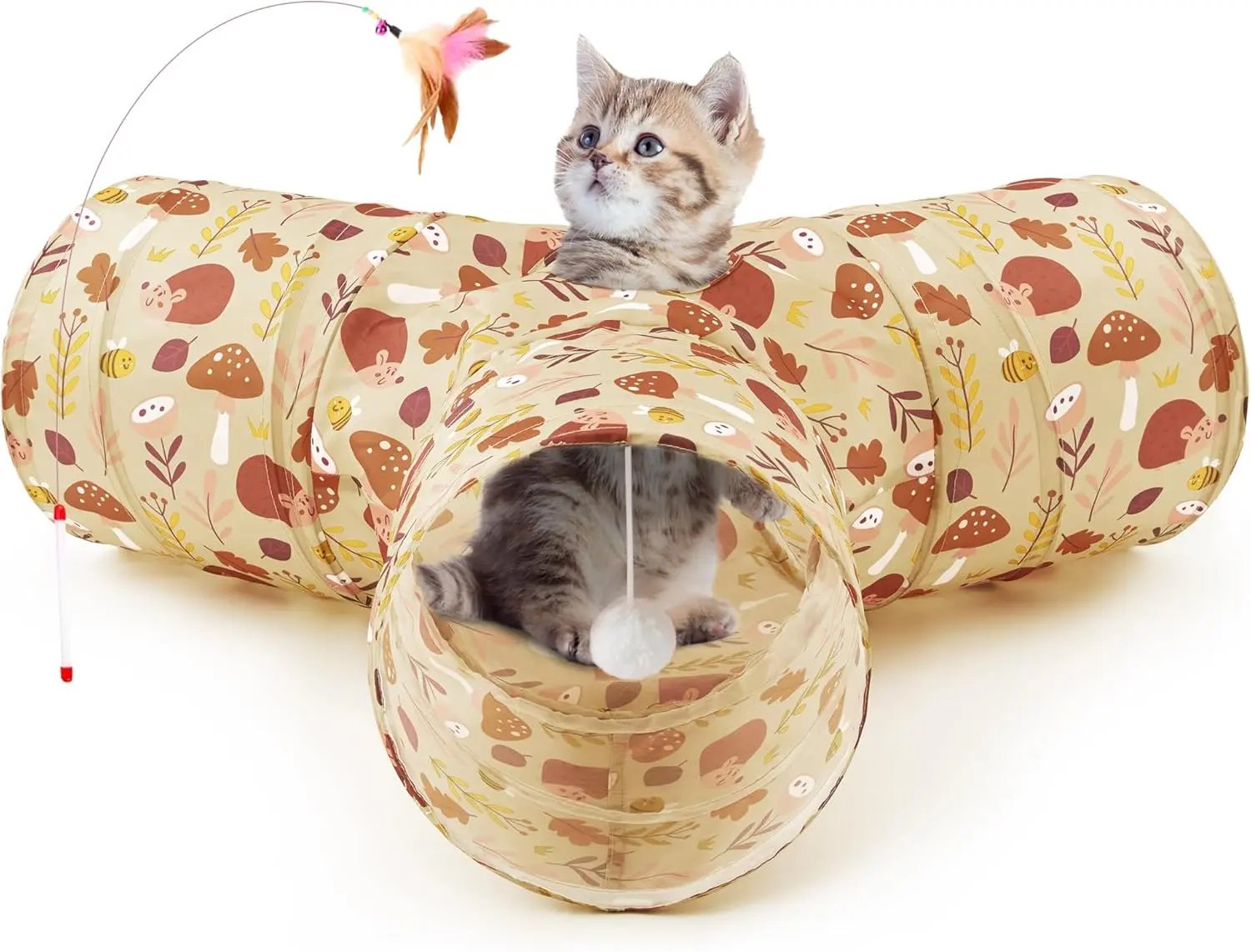 3-Way Collapsible Tunnel Cat Toy with Ball & Peek Hole for Indoor Cats & Kittens 3-Way Khaki Hedgehog 3-Way
