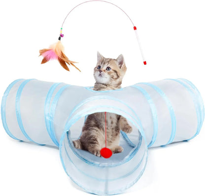 3-Way Collapsible Tunnel Cat Toy with Ball & Peek Hole for Indoor Cats & Kittens 3-Way Light Grey 3-Way