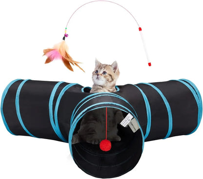 3-Way Collapsible Tunnel Cat Toy with Ball & Peek Hole for Indoor Cats & Kittens 3-Way Blue 3-Way