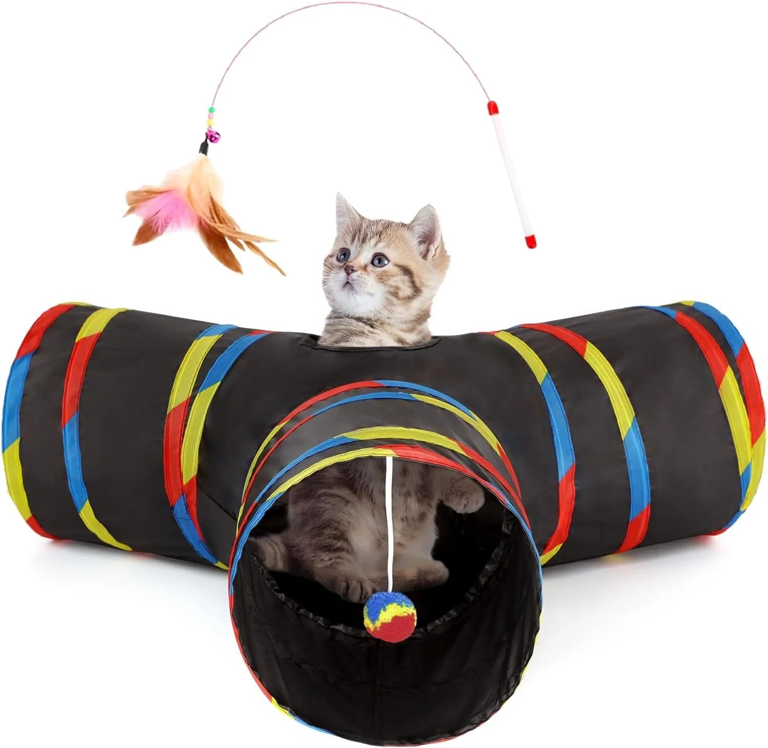 3-Way Collapsible Tunnel Cat Toy with Ball & Peek Hole for Indoor Cats & Kittens 3-Way Blackrainbow 3-Way
