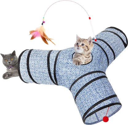 3-Way Collapsible Tunnel Cat Toy with Ball & Peek Hole for Indoor Cats & Kittens 3-Way Blue-Coin 3-Way