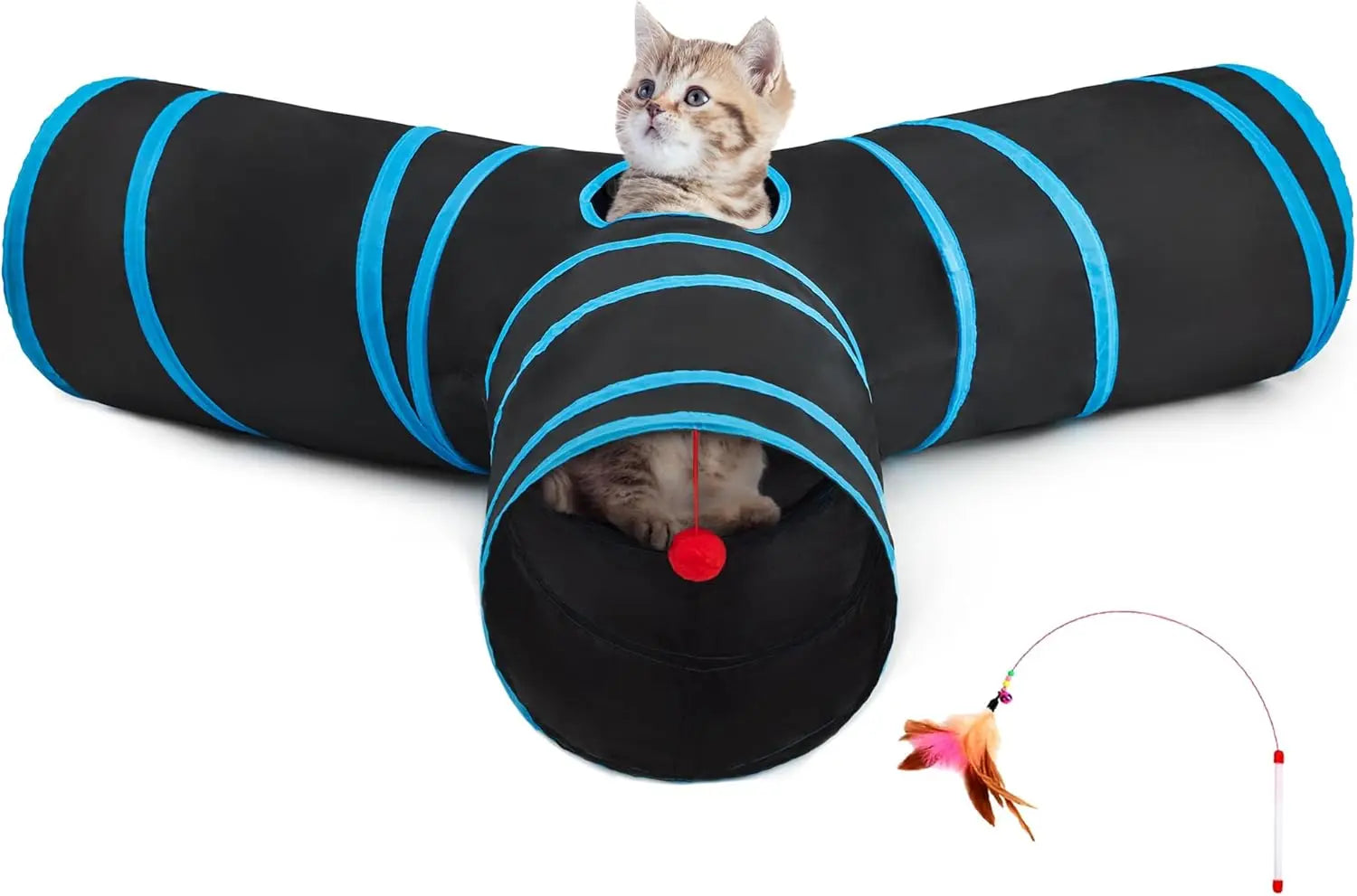 3-Way Collapsible Tunnel Cat Toy with Ball & Peek Hole for Indoor Cats & Kittens 3-Way-Large Blue 3-Way