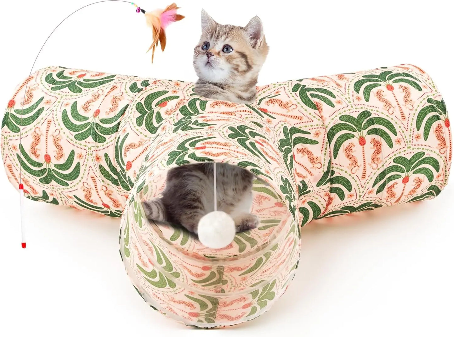3-Way Collapsible Tunnel Cat Toy with Ball & Peek Hole for Indoor Cats & Kittens 3-Way Khaki Coconut Tree 3-Way