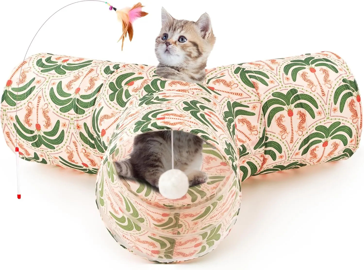 3-Way Collapsible Tunnel Cat Toy with Ball & Peek Hole for Indoor Cats & Kittens 3-Way Khaki Coconut Tree 3-Way