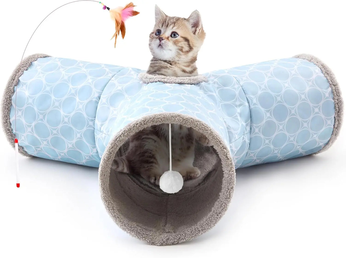 3-Way Collapsible Tunnel Cat Toy with Ball & Peek Hole for Indoor Cats & Kittens 3-Way Geometry Blue 3-Way