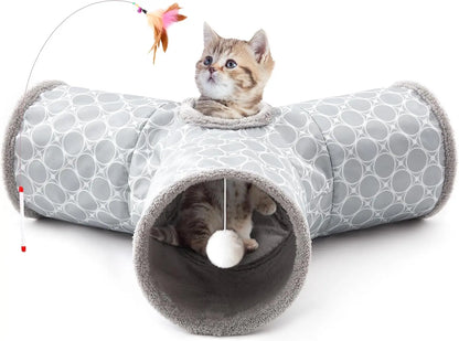 3-Way Collapsible Tunnel Cat Toy with Ball & Peek Hole for Indoor Cats & Kittens