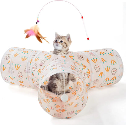 3-Way Collapsible Tunnel Cat Toy with Ball & Peek Hole for Indoor Cats & Kittens 3-Way Pink-Rabbit 3-Way