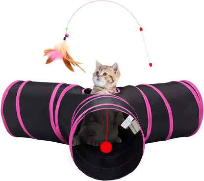 3-Way Collapsible Tunnel Cat Toy with Ball & Peek Hole for Indoor Cats & Kittens 3-Way Red 3-Way