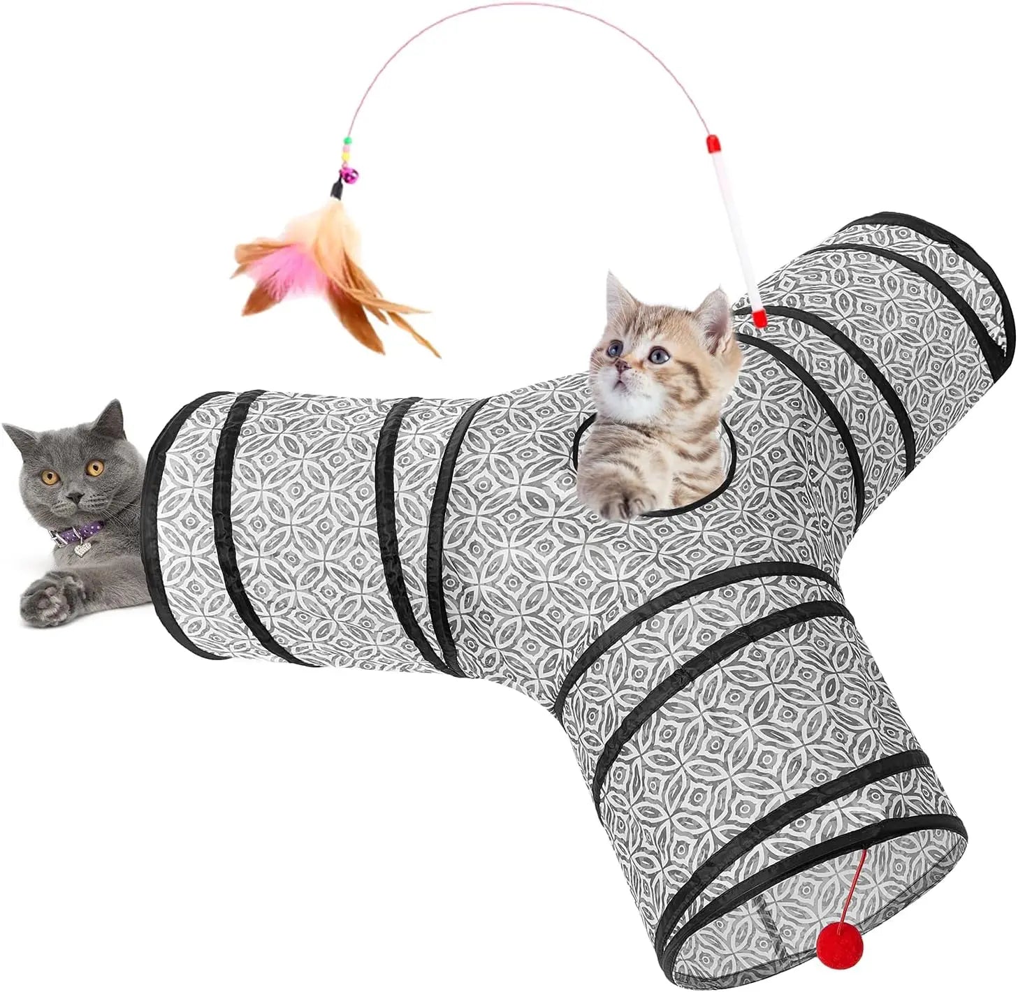 3-Way Collapsible Tunnel Cat Toy with Ball & Peek Hole for Indoor Cats & Kittens 3-Way Grey-Coin 3-Way
