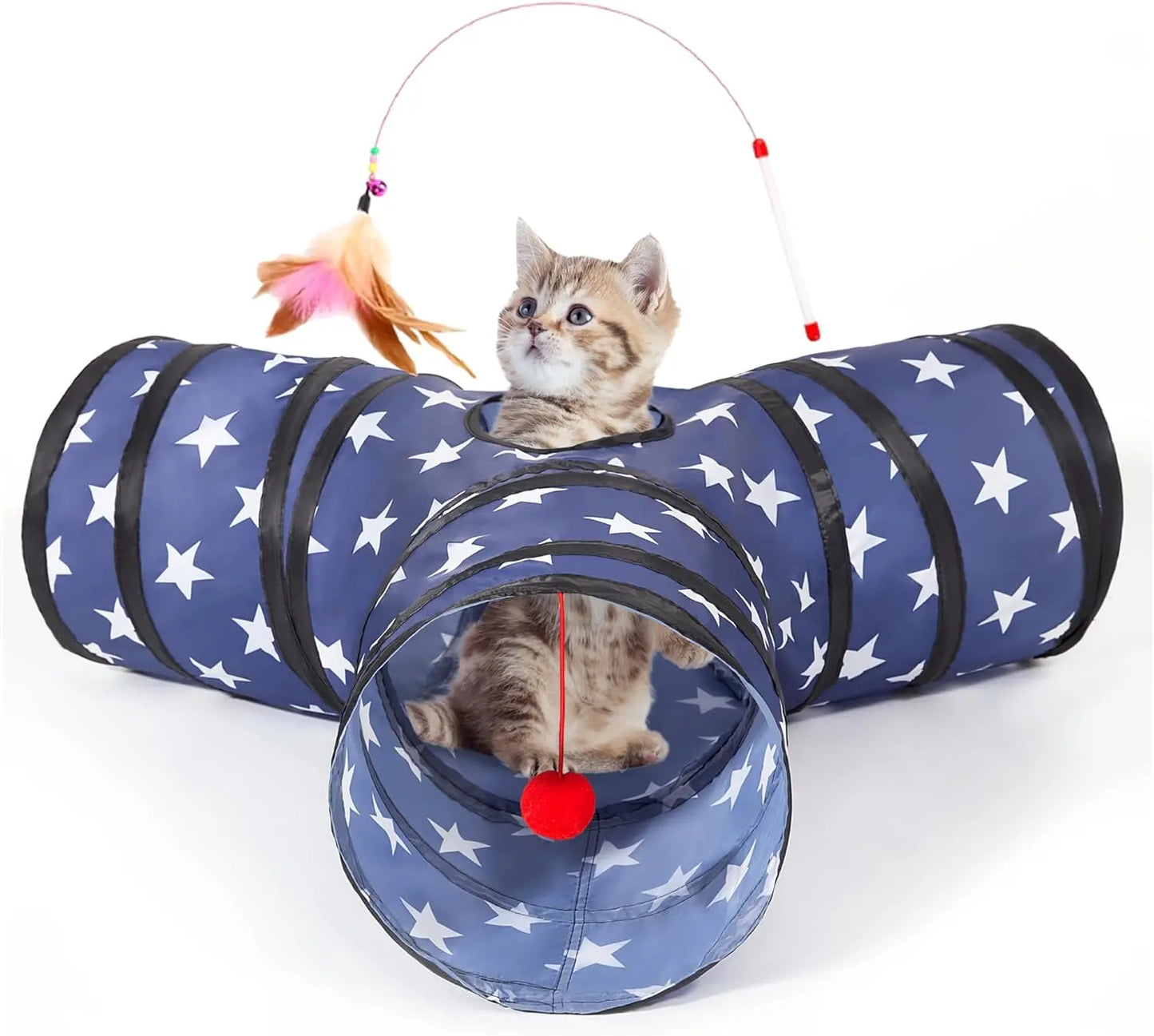 3-Way Collapsible Tunnel Cat Toy with Ball & Peek Hole for Indoor Cats & Kittens 3-Way Pentagram 3-Way