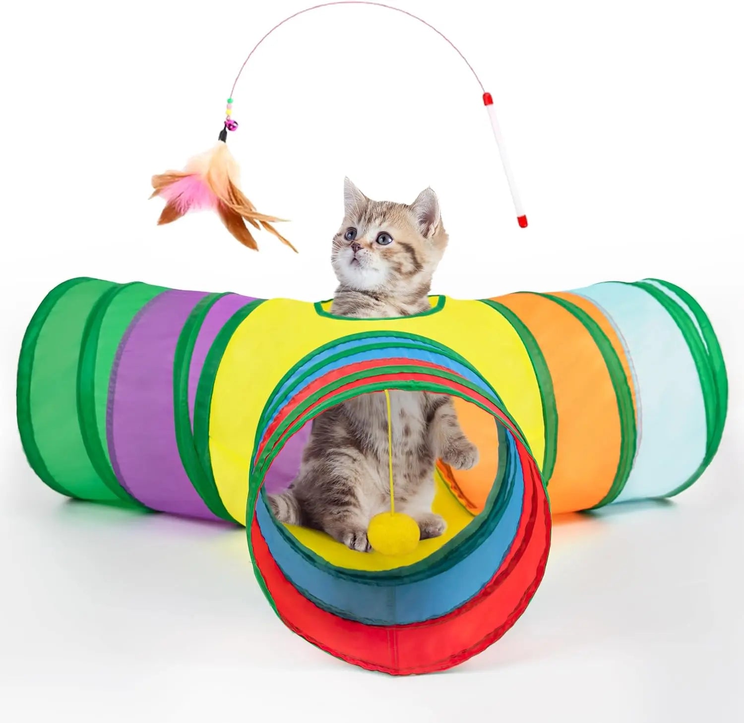 3-Way Collapsible Tunnel Cat Toy with Ball & Peek Hole for Indoor Cats & Kittens 3-Way Rainbow 3-Way