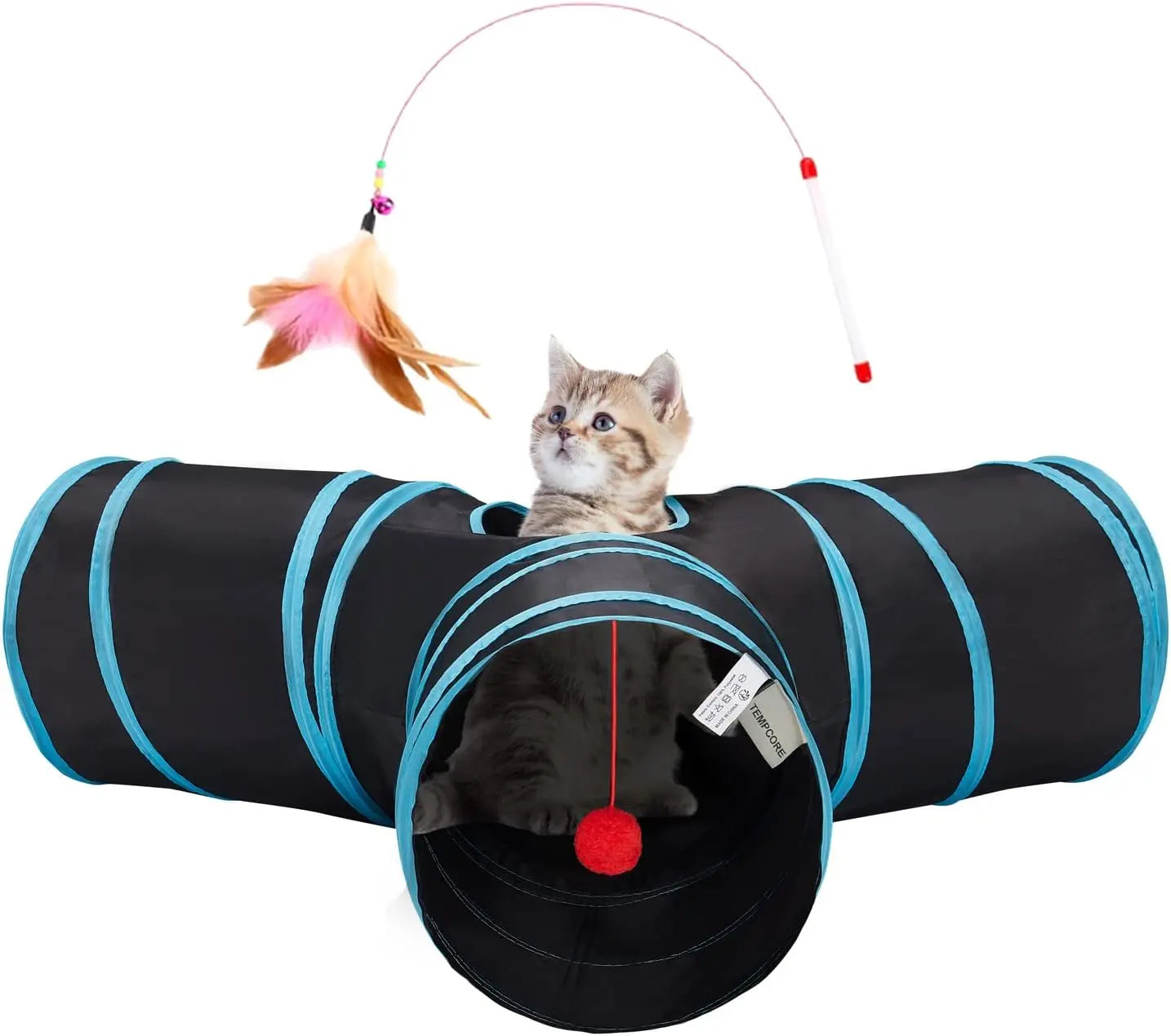 3-Way Collapsible Tunnel Cat Toy with Ball & Peek Hole for Indoor Cats & Kittens 3-Way Blue 3-Way