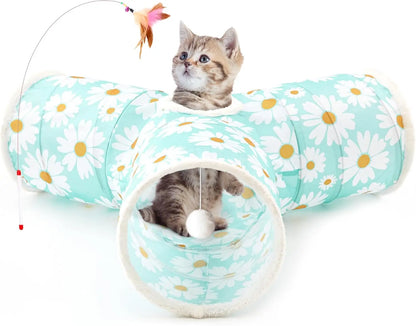 3-Way Collapsible Tunnel Cat Toy with Ball & Peek Hole for Indoor Cats & Kittens 3-Way Daisy Blue Printed 3-Way