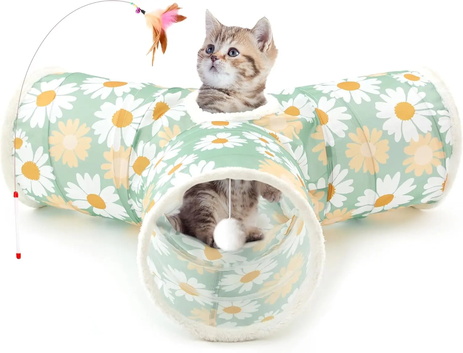 3-Way Collapsible Tunnel Cat Toy with Ball & Peek Hole for Indoor Cats & Kittens 3-Way Daisy Green Printed 3-Way