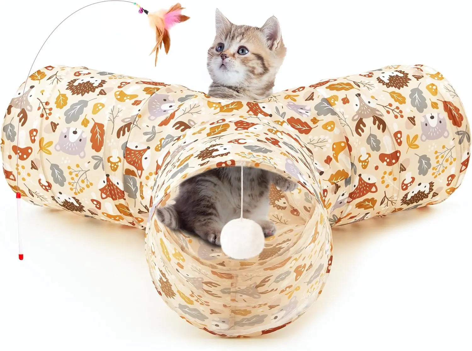 3-Way Collapsible Tunnel Cat Toy with Ball & Peek Hole for Indoor Cats & Kittens 3-Way Beige Deer 3-Way