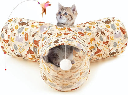 3-Way Collapsible Tunnel Cat Toy with Ball & Peek Hole for Indoor Cats & Kittens 3-Way Beige Deer 3-Way