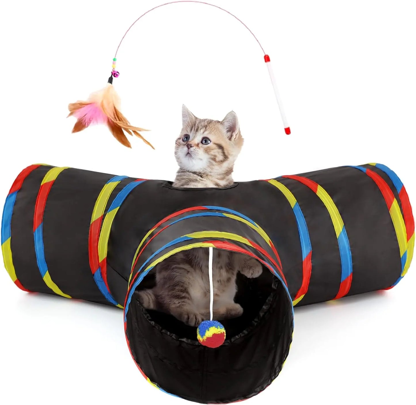 3-Way Collapsible Tunnel Cat Toy with Ball & Peek Hole for Indoor Cats & Kittens 3-Way Blackrainbow 3-Way