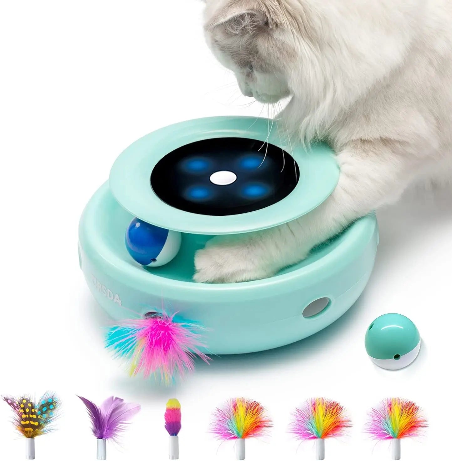 2-in-1 Interactive Cat Toy for Indoor Cats, Automatic Ball & Feather Play with 7 Attachments, Adjustable Speed, Dual Power