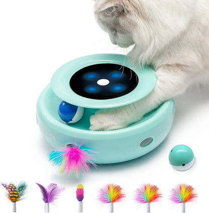 2-in-1 Interactive Cat Toy for Indoor Cats, Automatic Ball & Feather Play with 7 Attachments, Adjustable Speed, Dual Power